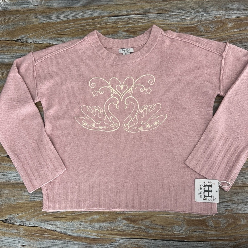 Haute Hippie Swan Embroidered Pink Sweater XL Boho NWT - Picture 3 of 7